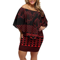 Red Taniko Kowhaiwhai Tukutuku Motif Family Matching Off Shoulder Short Dress and Hawaiian Shirt