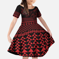 Red Taniko Kowhaiwhai Tukutuku Motif Family Matching Puletasi and Hawaiian Shirt LT9 Daughter's Dress Red - Polynesian Pride