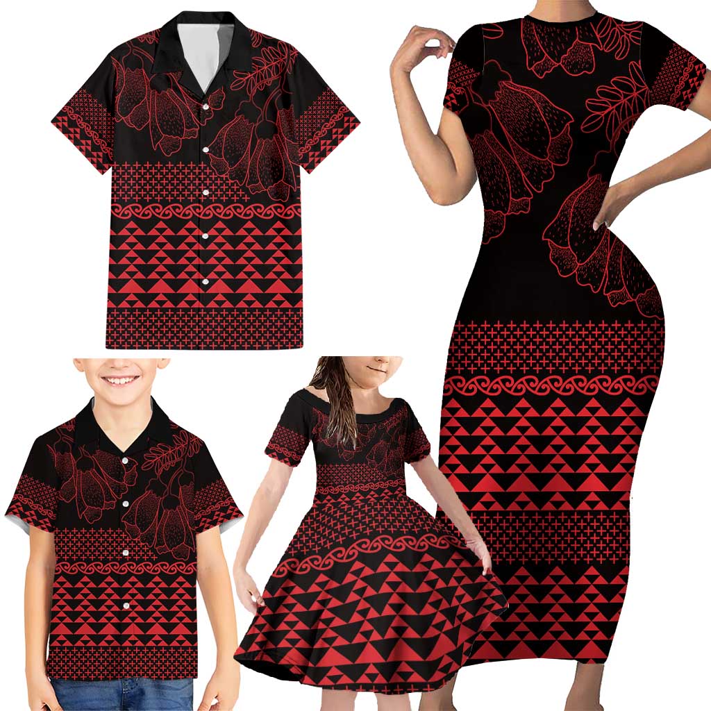 Red Taniko Kowhaiwhai Tukutuku Motif Family Matching Short Sleeve Bodycon Dress and Hawaiian Shirt LT9 - Polynesian Pride