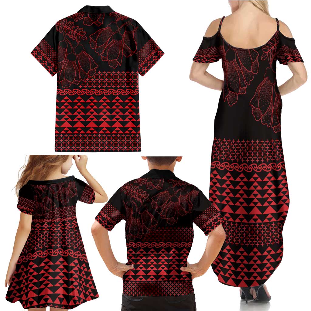 Red Taniko Kowhaiwhai Tukutuku Motif Family Matching Summer Maxi Dress and Hawaiian Shirt LT9 - Polynesian Pride