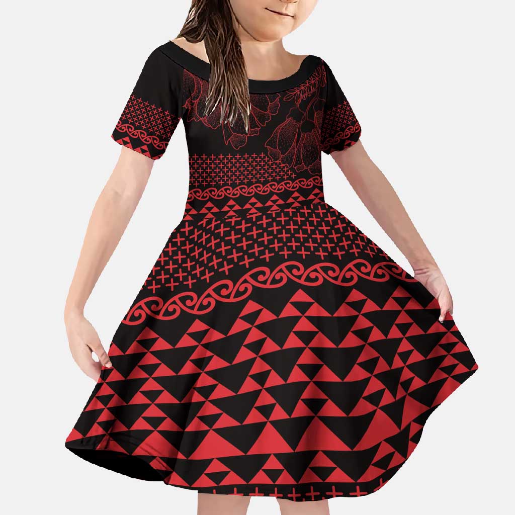 Red Taniko Kowhaiwhai Tukutuku Motif Family Matching Tank Maxi Dress and Hawaiian Shirt LT9 Daughter's Dress Red - Polynesian Pride