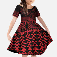 Red Taniko Kowhaiwhai Tukutuku Motif Family Matching Tank Maxi Dress and Hawaiian Shirt LT9 Daughter's Dress Red - Polynesian Pride
