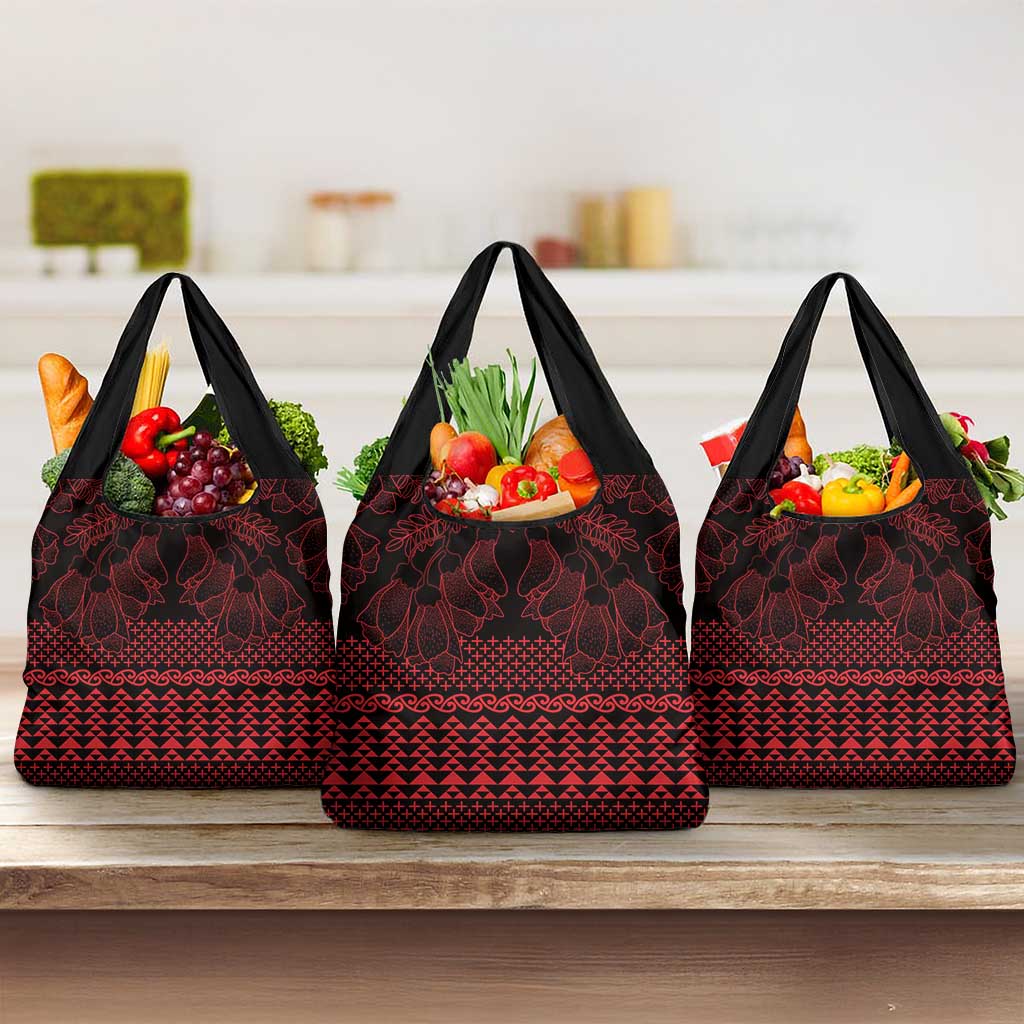Red Taniko Kowhaiwhai Tukutuku Motif Grocery Bag