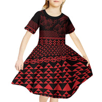 Red Taniko Kowhaiwhai Tukutuku Motif Kid Short Sleeve Dress