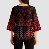 Red Taniko Kowhaiwhai Tukutuku Motif Kimono Sleeve Blouse - Polynesian Pride