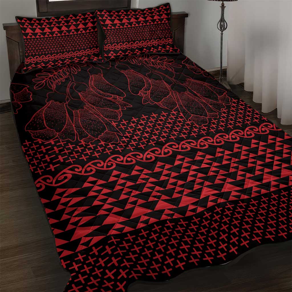 Red Taniko Kowhaiwhai Tukutuku Motif Quilt Bed Set