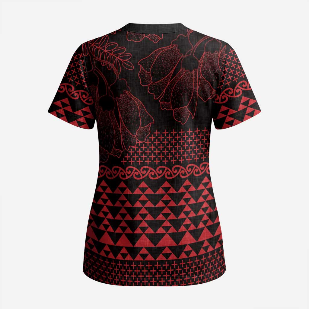 Red Taniko Kowhaiwhai Tukutuku Motif Scrub Top - Polynesian Pride