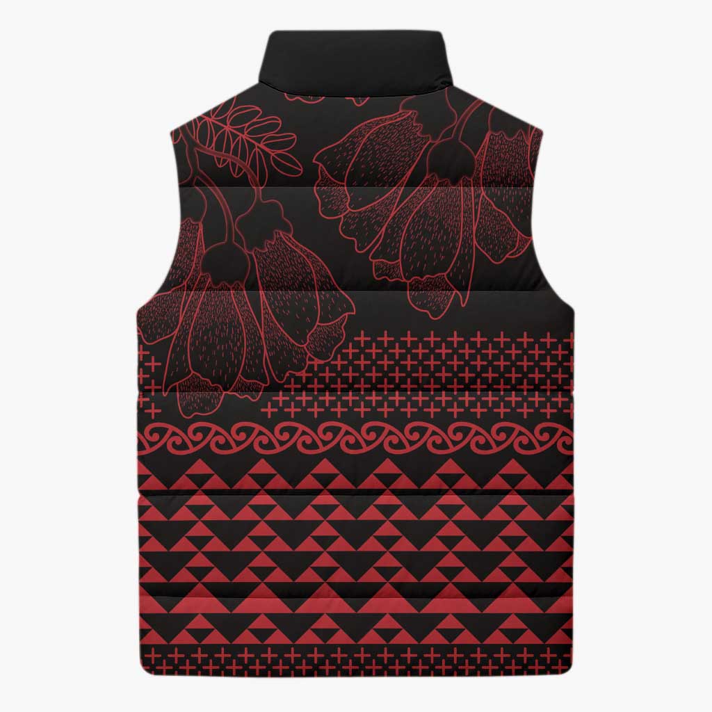 Red Taniko Kowhaiwhai Tukutuku Motif Sleeveless Puffer Jacket - Polynesian Pride