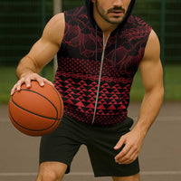 Red Taniko Kowhaiwhai Tukutuku Motif Sleeveless Zip Hoodie - Polynesian Pride