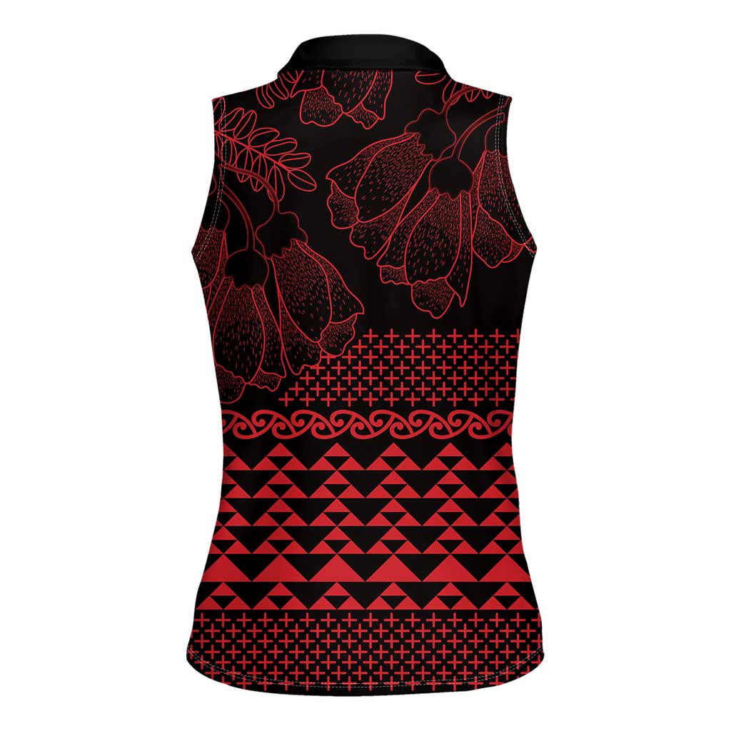 Red Taniko Kowhaiwhai Tukutuku Motif Women Sleeveless Polo Shirt LT9 - Polynesian Pride