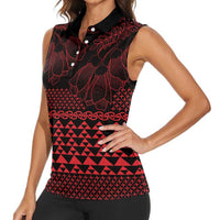 Red Taniko Kowhaiwhai Tukutuku Motif Women Sleeveless Polo Shirt LT9 - Polynesian Pride