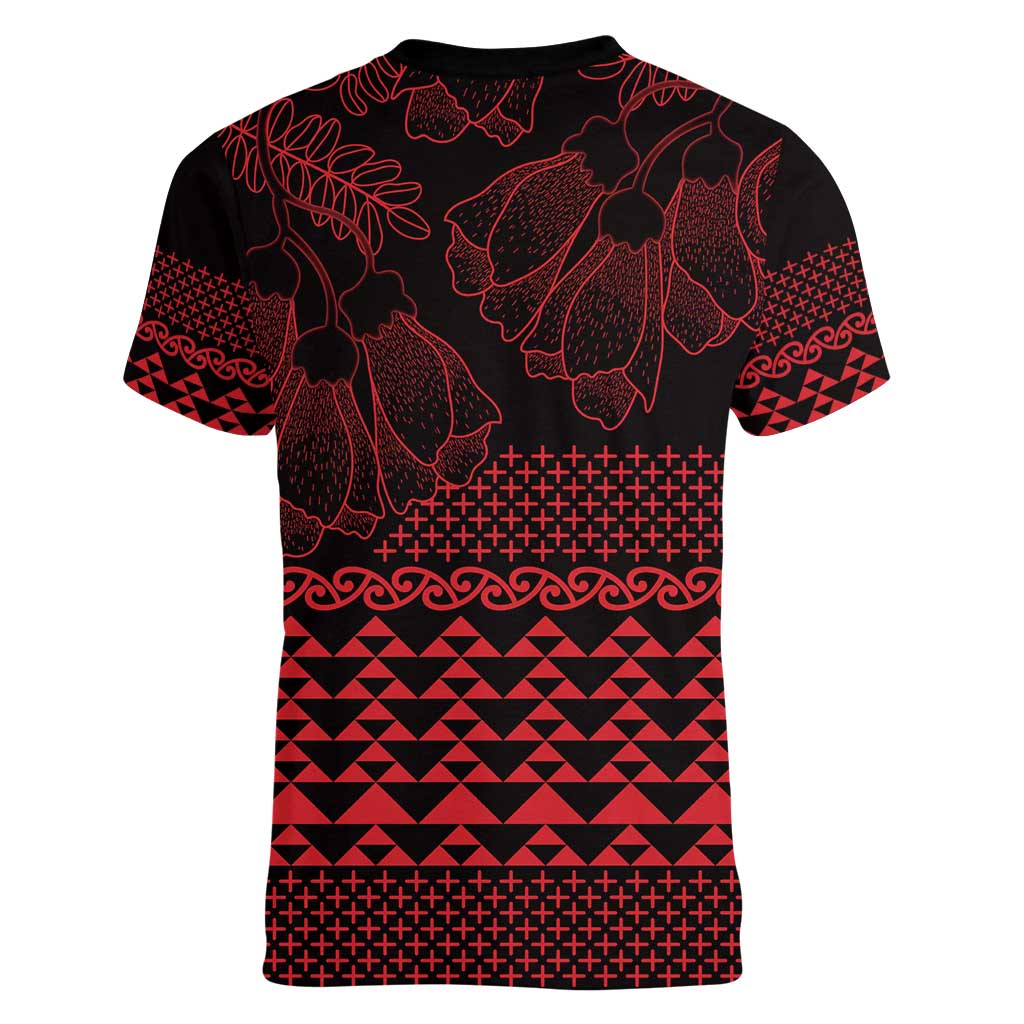 Red Taniko Kowhaiwhai Tukutuku Motif Women V-Neck T-Shirt LT9 - Polynesian Pride