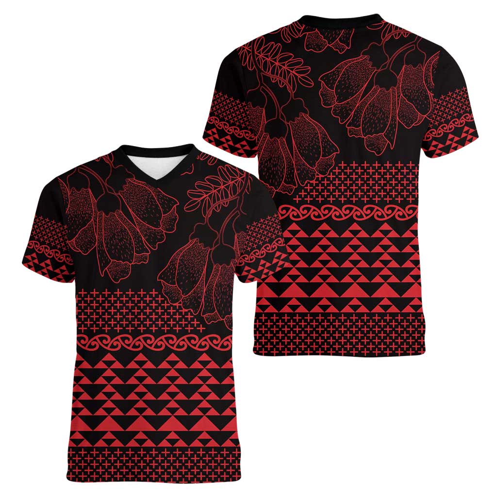 Red Taniko Kowhaiwhai Tukutuku Motif Women V-Neck T-Shirt LT9 - Polynesian Pride