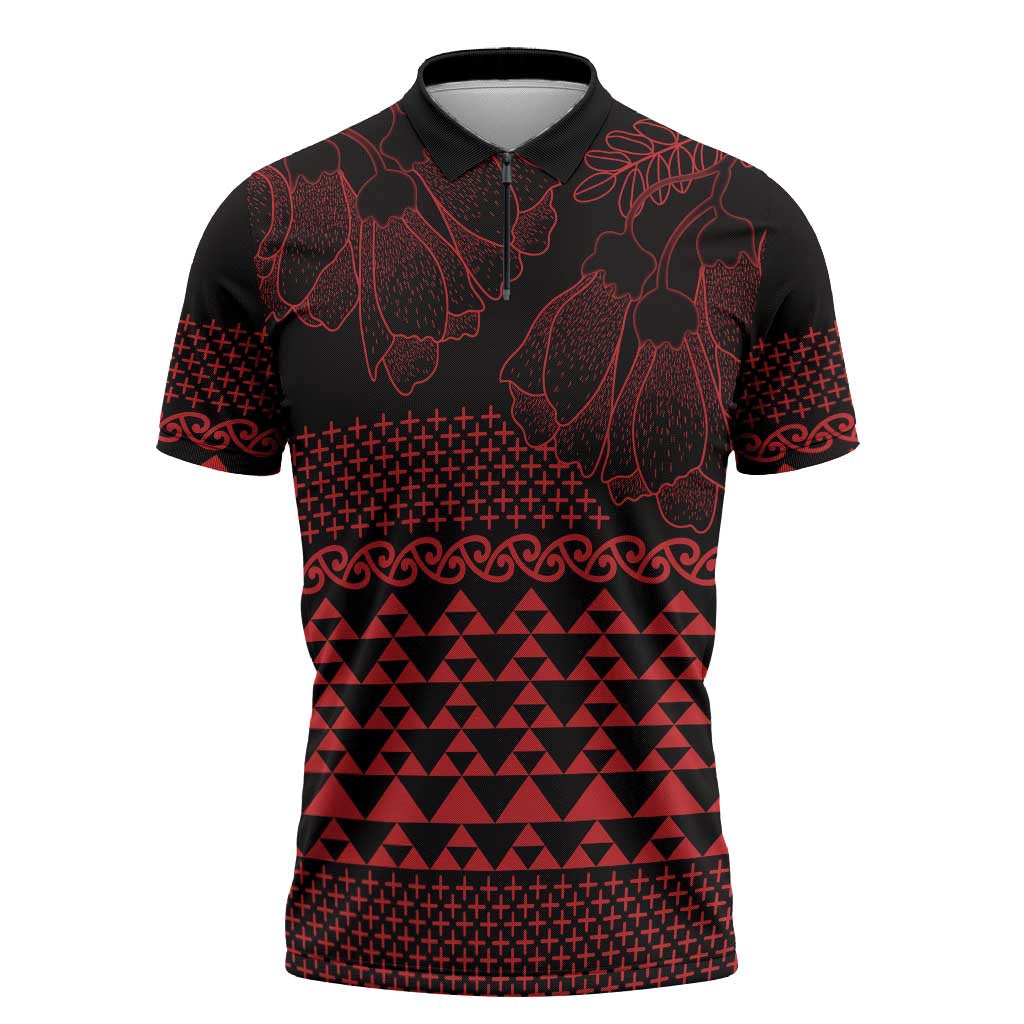 Red Taniko Kowhaiwhai Tukutuku Motif Zipper Polo Shirt LT9 Red - Polynesian Pride