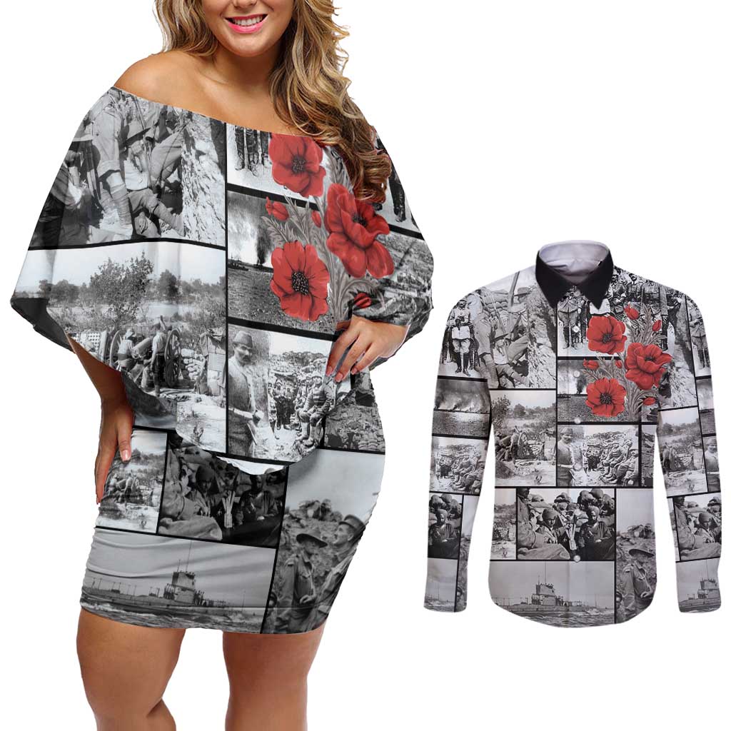 ANZAC Day Gallipoli Campaign Couples Matching Off Shoulder Short Dress and Long Sleeve Button Shirt To The End They Remain