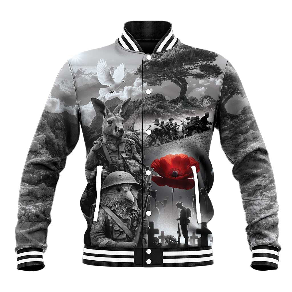 Black ANZAC Day The Battle of Lone Pine Baseball Jacket Kiwi-Kangaroo Soldier Lest We Forget