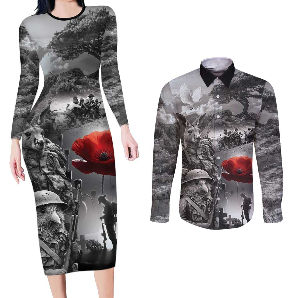 Black ANZAC Day The Battle of Lone Pine Couples Matching Long Sleeve Bodycon Dress and Long Sleeve Button Shirt Kiwi-Kangaroo Soldier Lest We Forget
