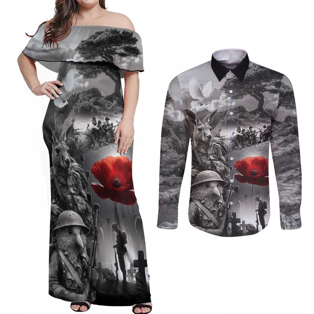 Black ANZAC Day The Battle of Lone Pine Couples Matching Off Shoulder Maxi Dress and Long Sleeve Button Shirt Kiwi-Kangaroo Soldier Lest We Forget