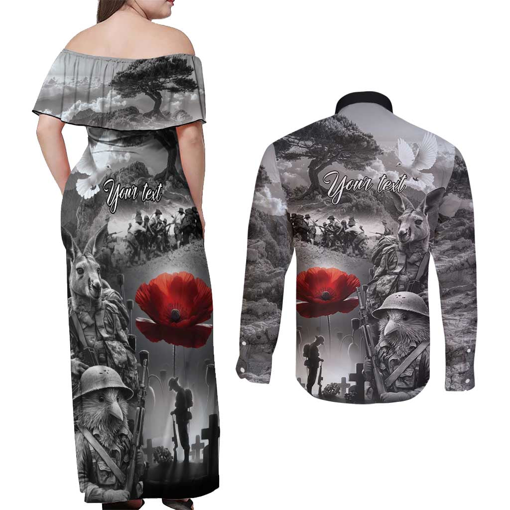 Black ANZAC Day The Battle of Lone Pine Couples Matching Off Shoulder Maxi Dress and Long Sleeve Button Shirt Kiwi-Kangaroo Soldier Lest We Forget