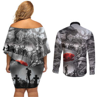 Black ANZAC Day The Battle of Lone Pine Couples Matching Off Shoulder Short Dress and Long Sleeve Button Shirt Kiwi-Kangaroo Soldier Lest We Forget