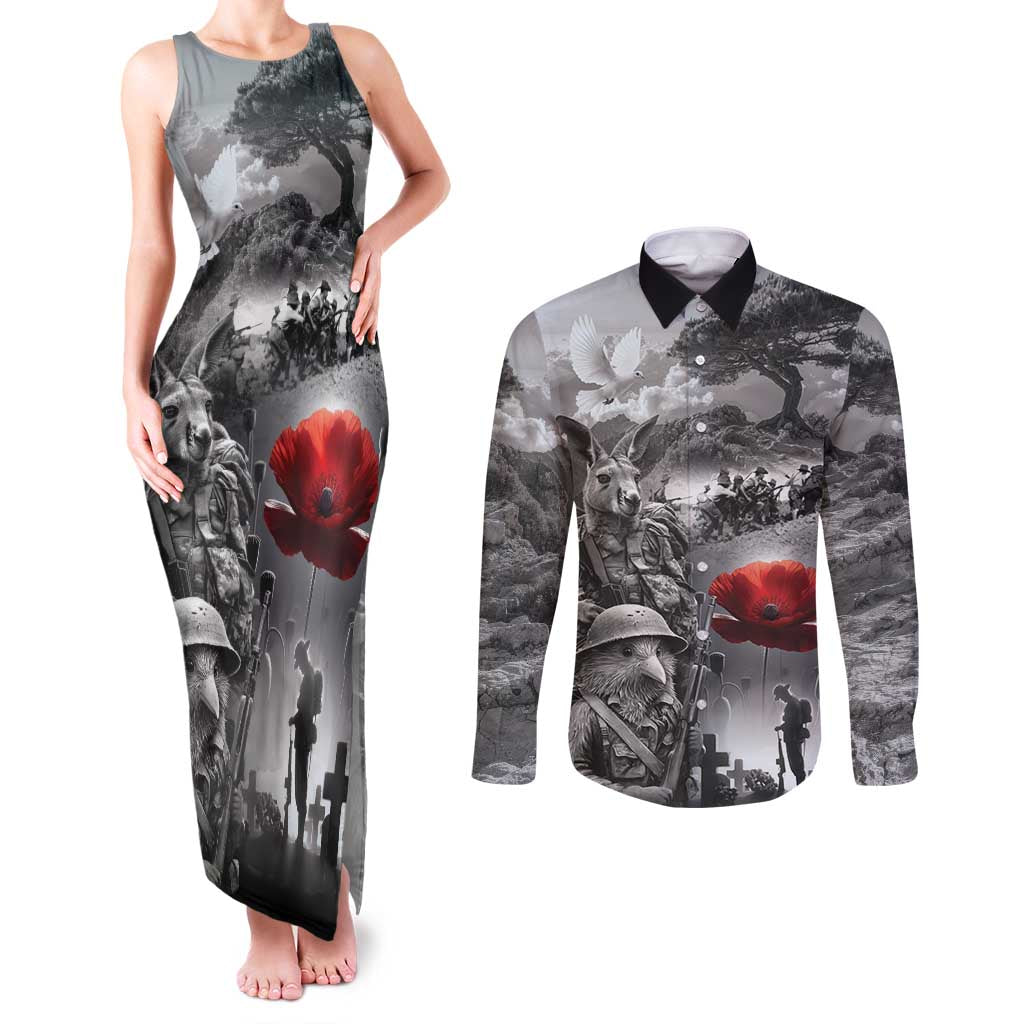 Black ANZAC Day The Battle of Lone Pine Couples Matching Tank Maxi Dress and Long Sleeve Button Shirt Kiwi-Kangaroo Soldier Lest We Forget