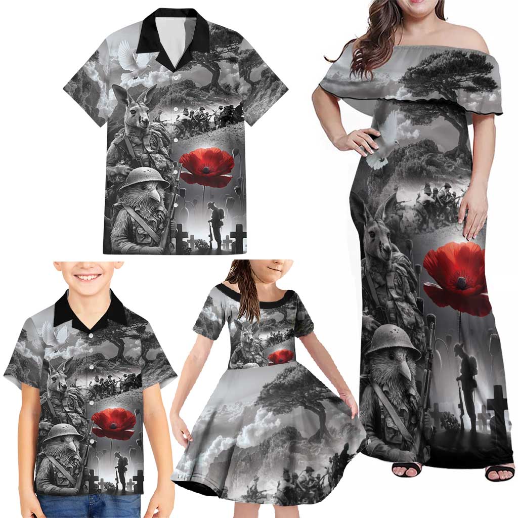 Black ANZAC Day The Battle of Lone Pine Family Matching Off Shoulder Maxi Dress and Hawaiian Shirt Kiwi-Kangaroo Soldier Lest We Forget