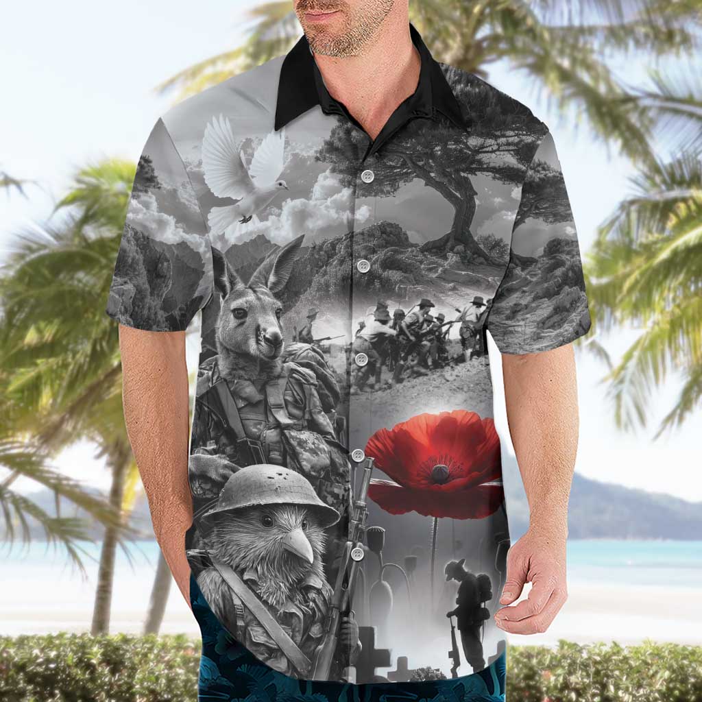 Black ANZAC Day The Battle of Lone Pine Hawaiian Shirt Kiwi-Kangaroo Soldier Lest We Forget