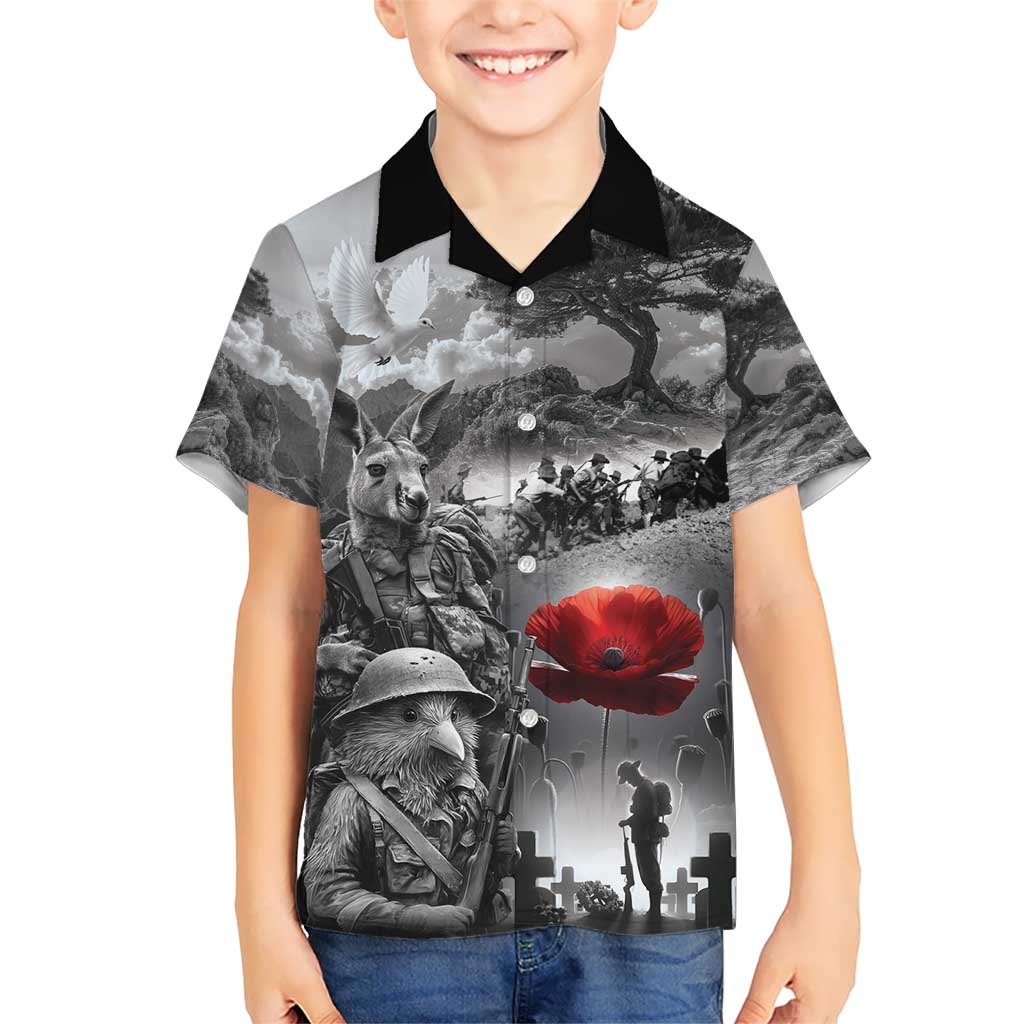 Black ANZAC Day The Battle of Lone Pine Hawaiian Shirt Kiwi-Kangaroo Soldier Lest We Forget