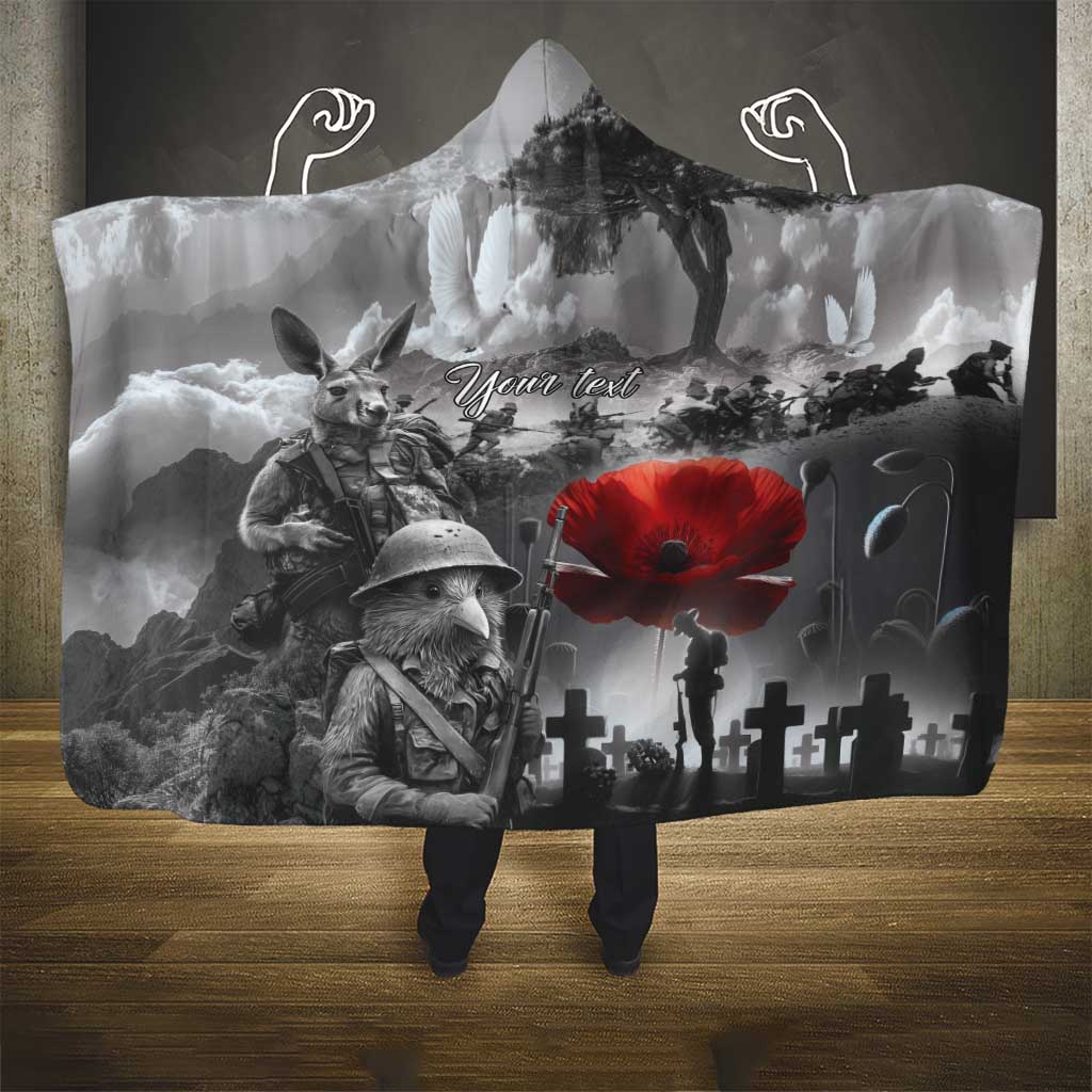 Black ANZAC Day The Battle of Lone Pine Hooded Blanket Kiwi-Kangaroo Soldier Lest We Forget