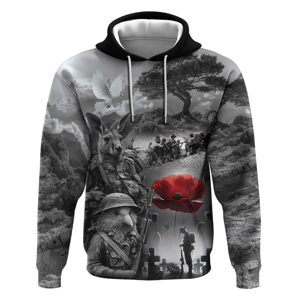 Black ANZAC Day The Battle of Lone Pine Hoodie Kiwi-Kangaroo Soldier Lest We Forget
