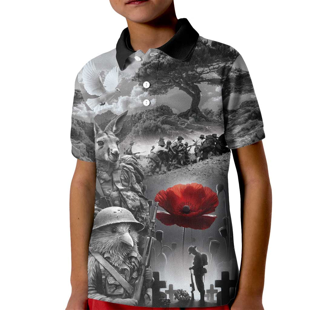 Black ANZAC Day The Battle of Lone Pine Kid Polo Shirt Kiwi-Kangaroo Soldier Lest We Forget