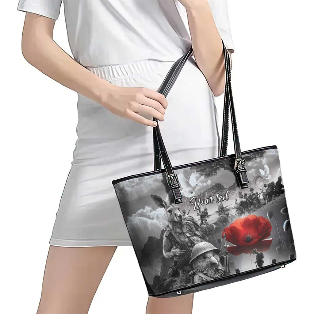 Black ANZAC Day The Battle of Lone Pine Leather Tote Bag Kiwi-Kangaroo Soldier Lest We Forget