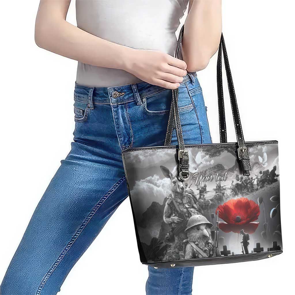 Black ANZAC Day The Battle of Lone Pine Leather Tote Bag Kiwi-Kangaroo Soldier Lest We Forget