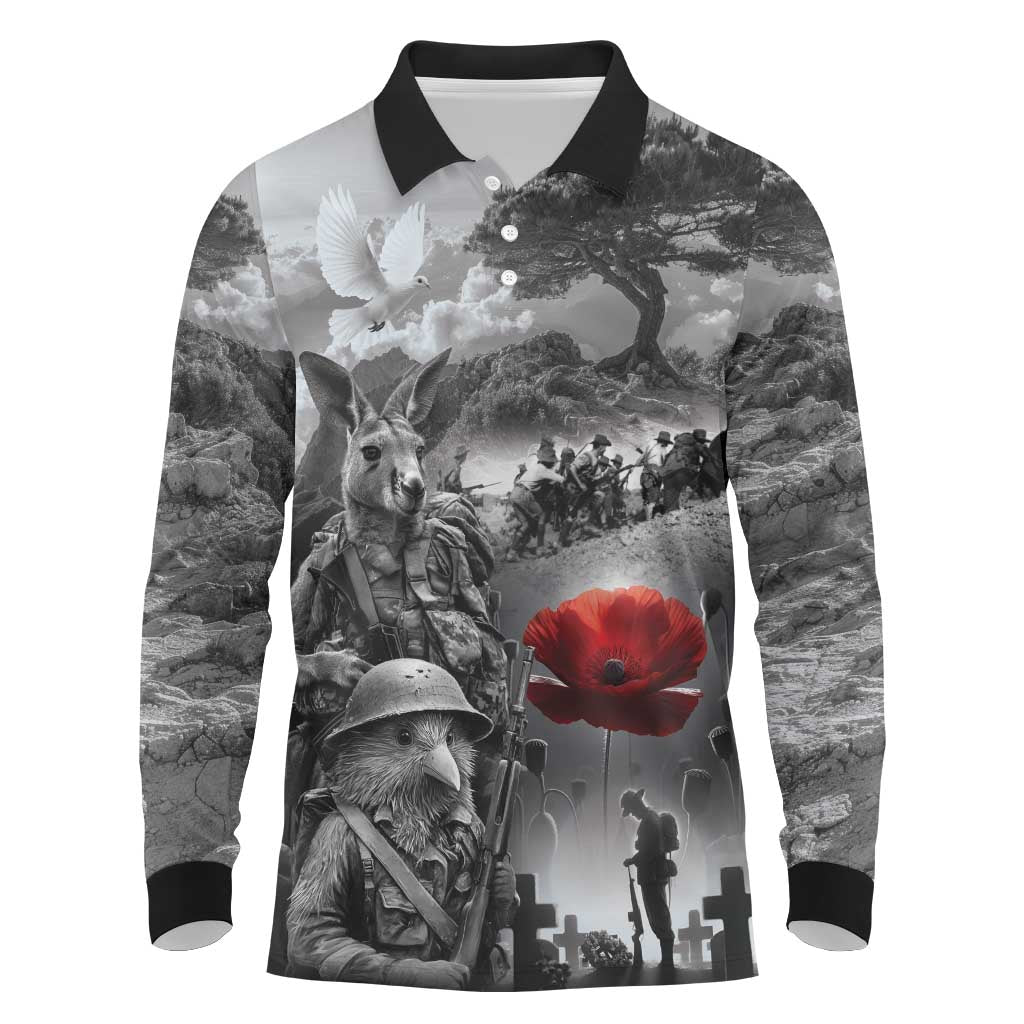 Black ANZAC Day The Battle of Lone Pine Long Sleeve Polo Shirt Kiwi-Kangaroo Soldier Lest We Forget