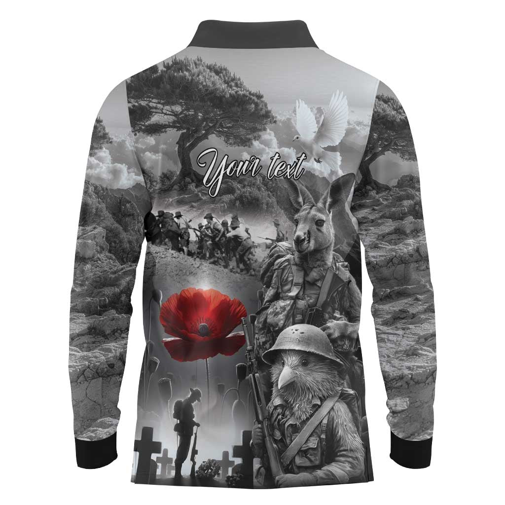 Black ANZAC Day The Battle of Lone Pine Long Sleeve Polo Shirt Kiwi-Kangaroo Soldier Lest We Forget