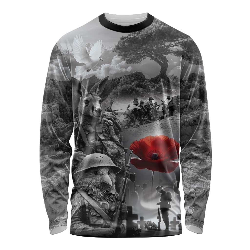 Black ANZAC Day The Battle of Lone Pine Long Sleeve Shirt Kiwi-Kangaroo Soldier Lest We Forget