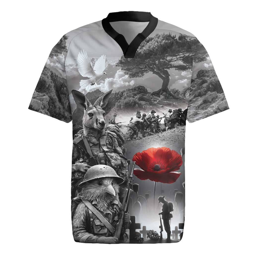 Black ANZAC Day The Battle of Lone Pine Rugby Jersey Kiwi-Kangaroo Soldier Lest We Forget LT9 Black - Polynesian Pride