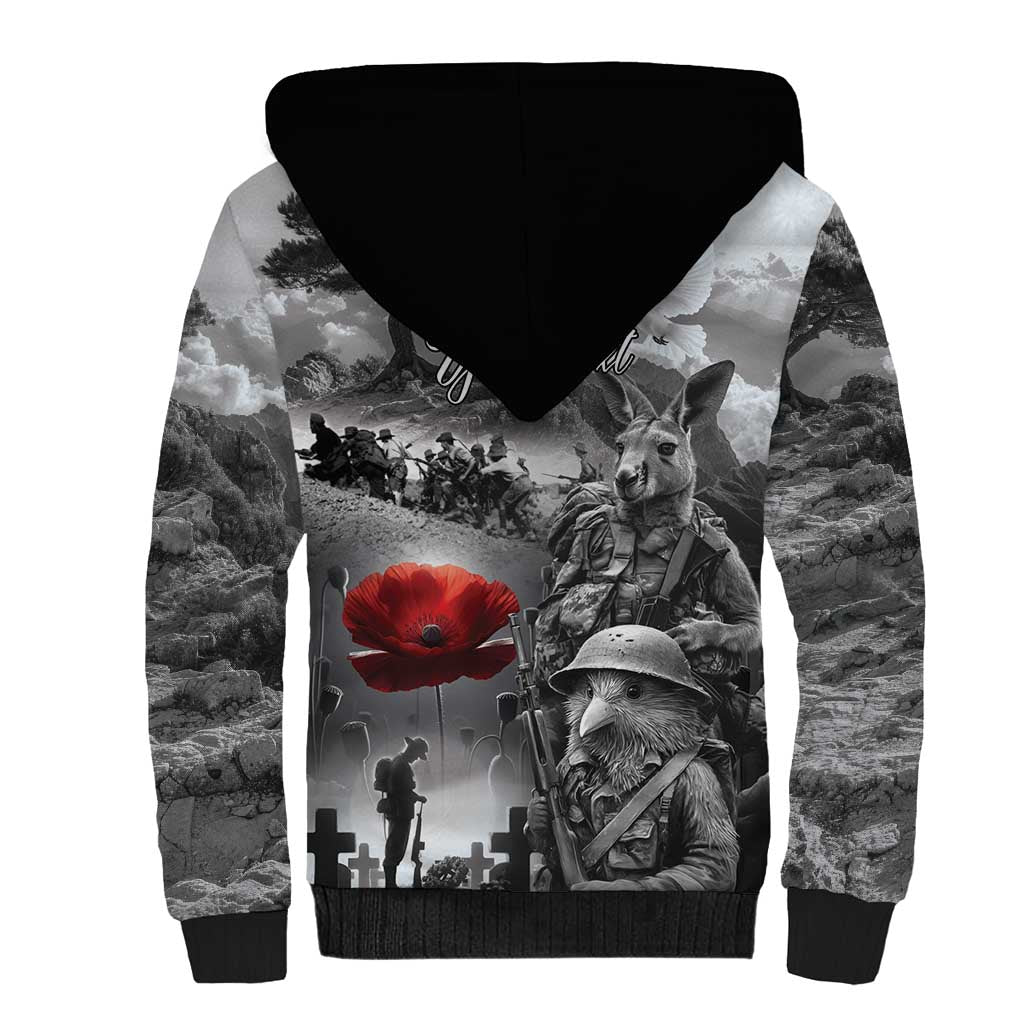 Black ANZAC Day The Battle of Lone Pine Sherpa Hoodie Kiwi-Kangaroo Soldier Lest We Forget