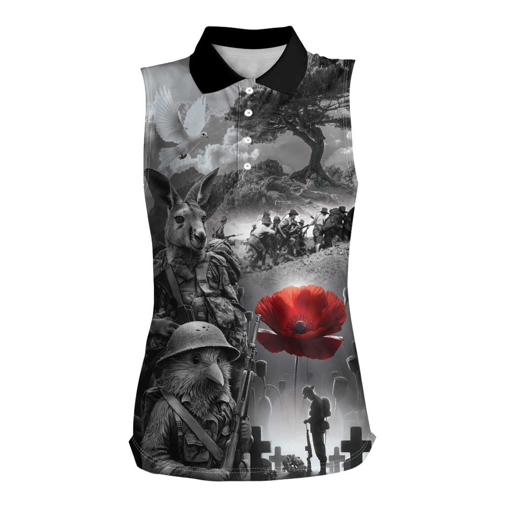 Black ANZAC Day The Battle of Lone Pine Women Sleeveless Polo Shirt Kiwi-Kangaroo Soldier Lest We Forget