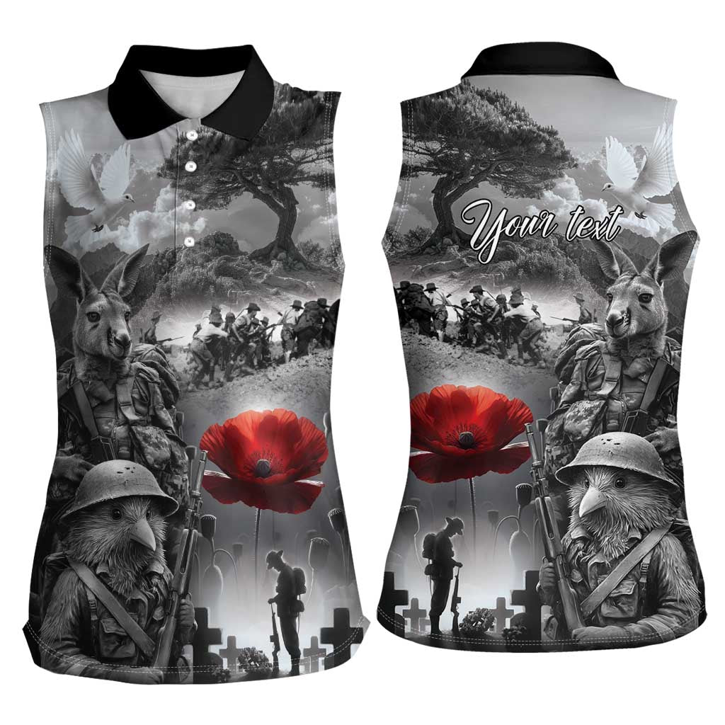 Black ANZAC Day The Battle of Lone Pine Women Sleeveless Polo Shirt Kiwi-Kangaroo Soldier Lest We Forget