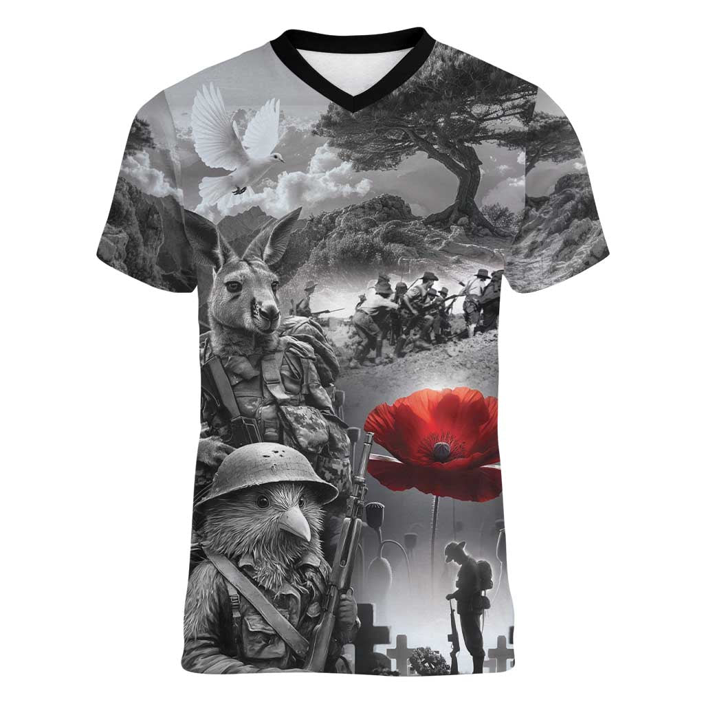 Black ANZAC Day The Battle of Lone Pine Women V-Neck T-Shirt Kiwi-Kangaroo Soldier Lest We Forget