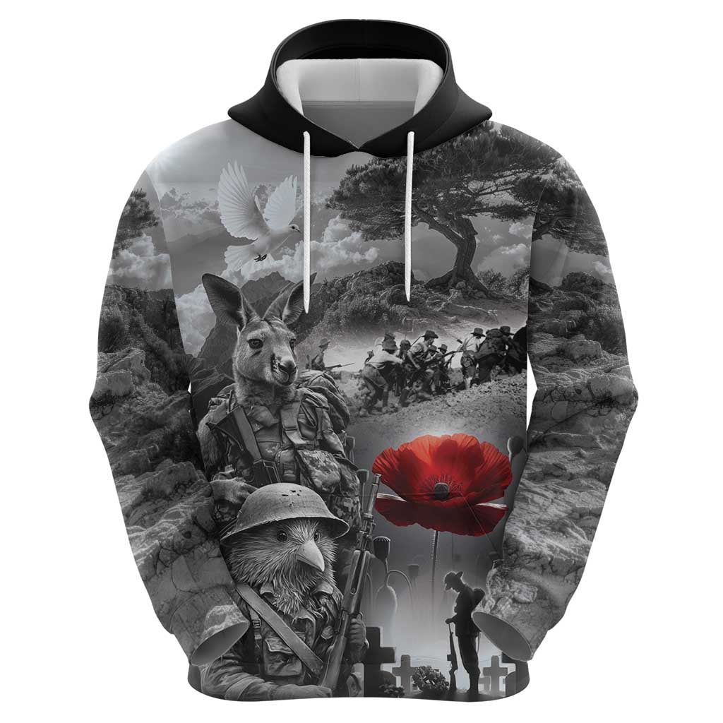 Black ANZAC Day The Battle of Lone Pine Zip Hoodie Kiwi-Kangaroo Soldier Lest We Forget