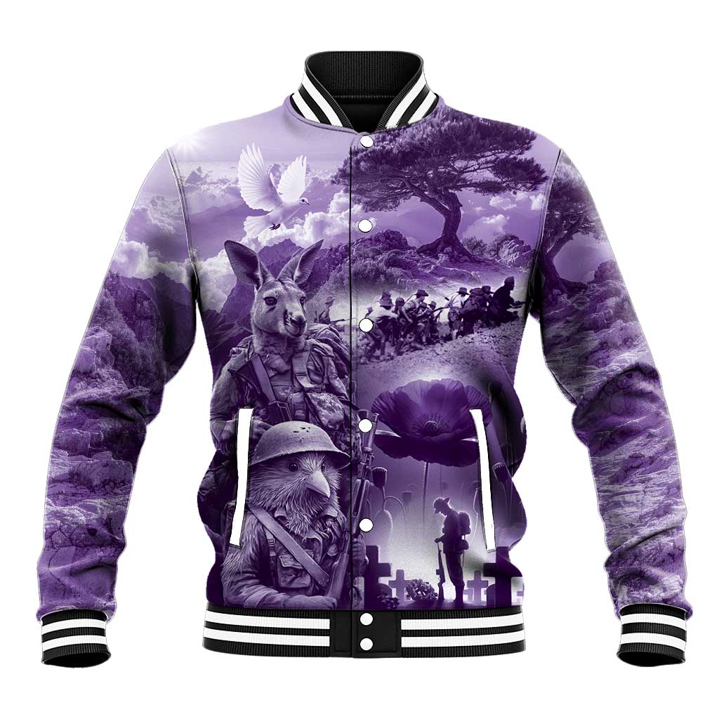 Purple ANZAC Day The Battle of Lone Pine Baseball Jacket Kiwi-Kangaroo Soldier Lest We Forget