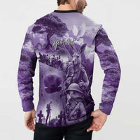 Purple ANZAC Day The Battle of Lone Pine Button Sweatshirt Kiwi-Kangaroo Soldier Lest We Forget