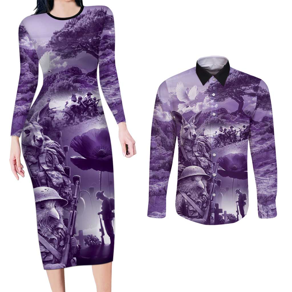 Purple ANZAC Day The Battle of Lone Pine Couples Matching Long Sleeve Bodycon Dress and Long Sleeve Button Shirt Kiwi-Kangaroo Soldier Lest We Forget