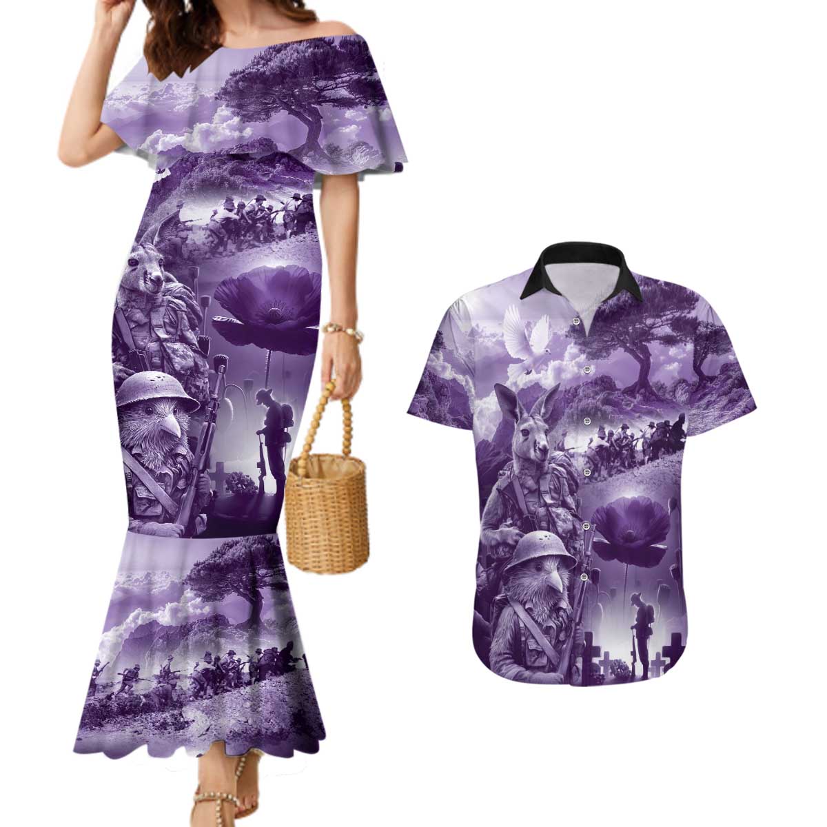 Purple ANZAC Day The Battle of Lone Pine Couples Matching Mermaid Dress and Hawaiian Shirt Kiwi-Kangaroo Soldier Lest We Forget