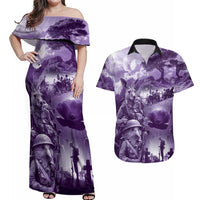 Purple ANZAC Day The Battle of Lone Pine Couples Matching Off Shoulder Maxi Dress and Hawaiian Shirt Kiwi-Kangaroo Soldier Lest We Forget