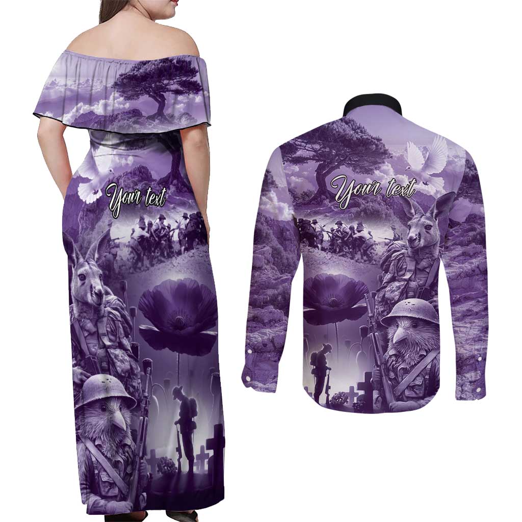Purple ANZAC Day The Battle of Lone Pine Couples Matching Off Shoulder Maxi Dress and Long Sleeve Button Shirt Kiwi-Kangaroo Soldier Lest We Forget