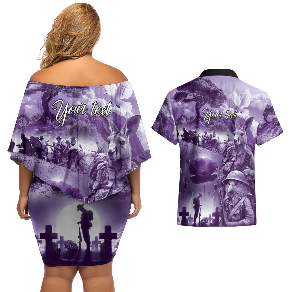 Purple ANZAC Day The Battle of Lone Pine Couples Matching Off Shoulder Short Dress and Hawaiian Shirt Kiwi-Kangaroo Soldier Lest We Forget