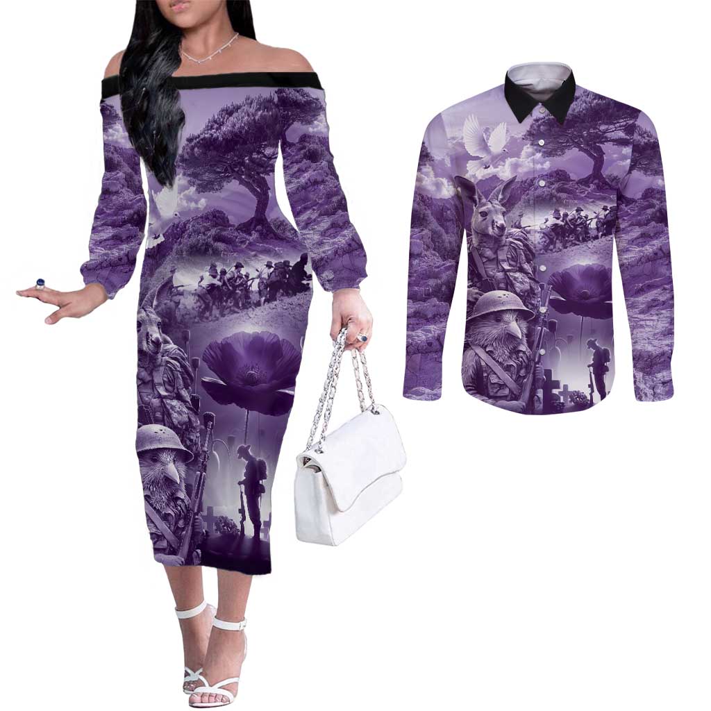 Purple ANZAC Day The Battle of Lone Pine Couples Matching Off The Shoulder Long Sleeve Dress and Long Sleeve Button Shirt Kiwi-Kangaroo Soldier Lest We Forget